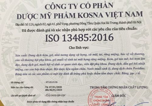 KOSNA VIỆT NAM NHẬN CHỨNG CHỈ ĐẠT CHUẨN ISO 13485 CHO LĨNH VỰC THIẾT BỊ Y TẾ